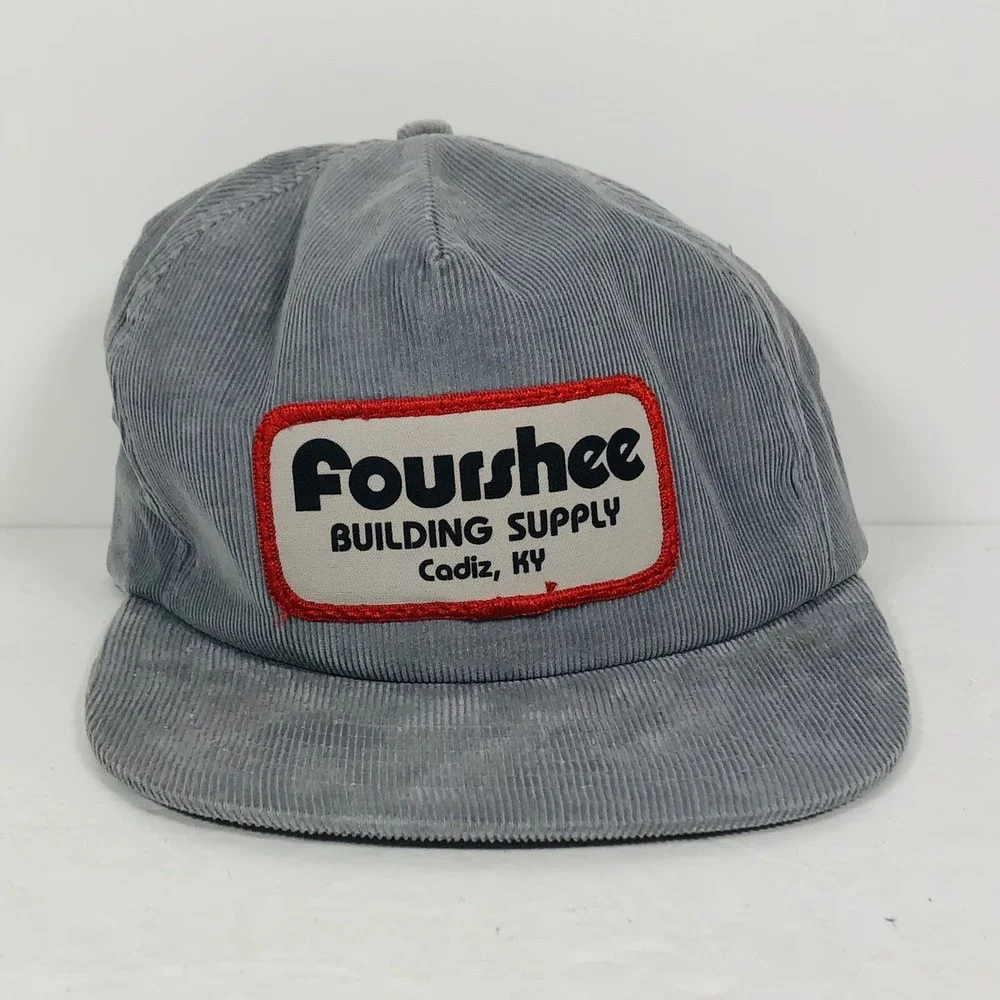 Vintage Fourshee Building Supply‎ Cadiz, Kentucky Hat GREY Corduroy 1980s Patch